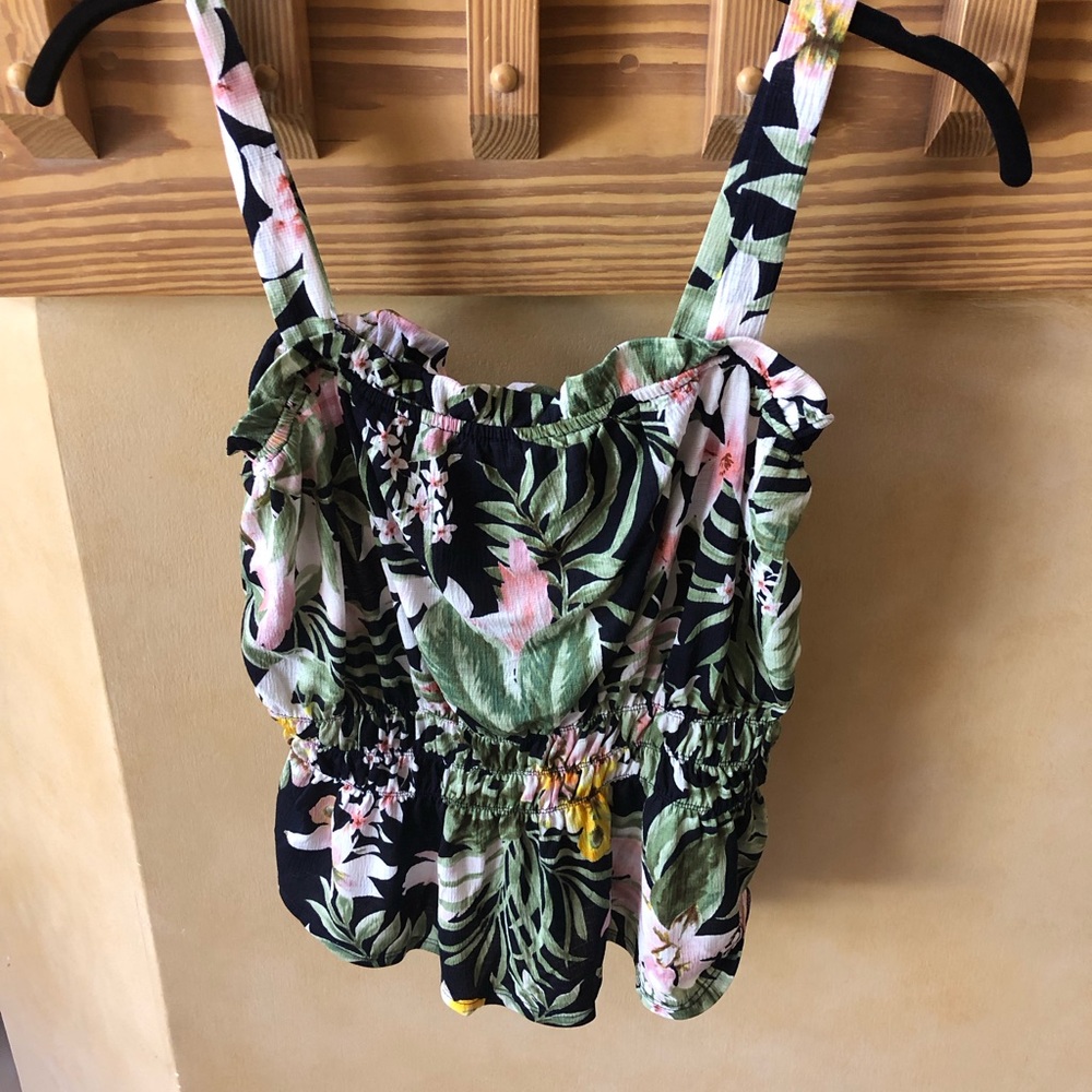 Floral Tropical Smocked Peplum Tank Top - Black/Green/Pink